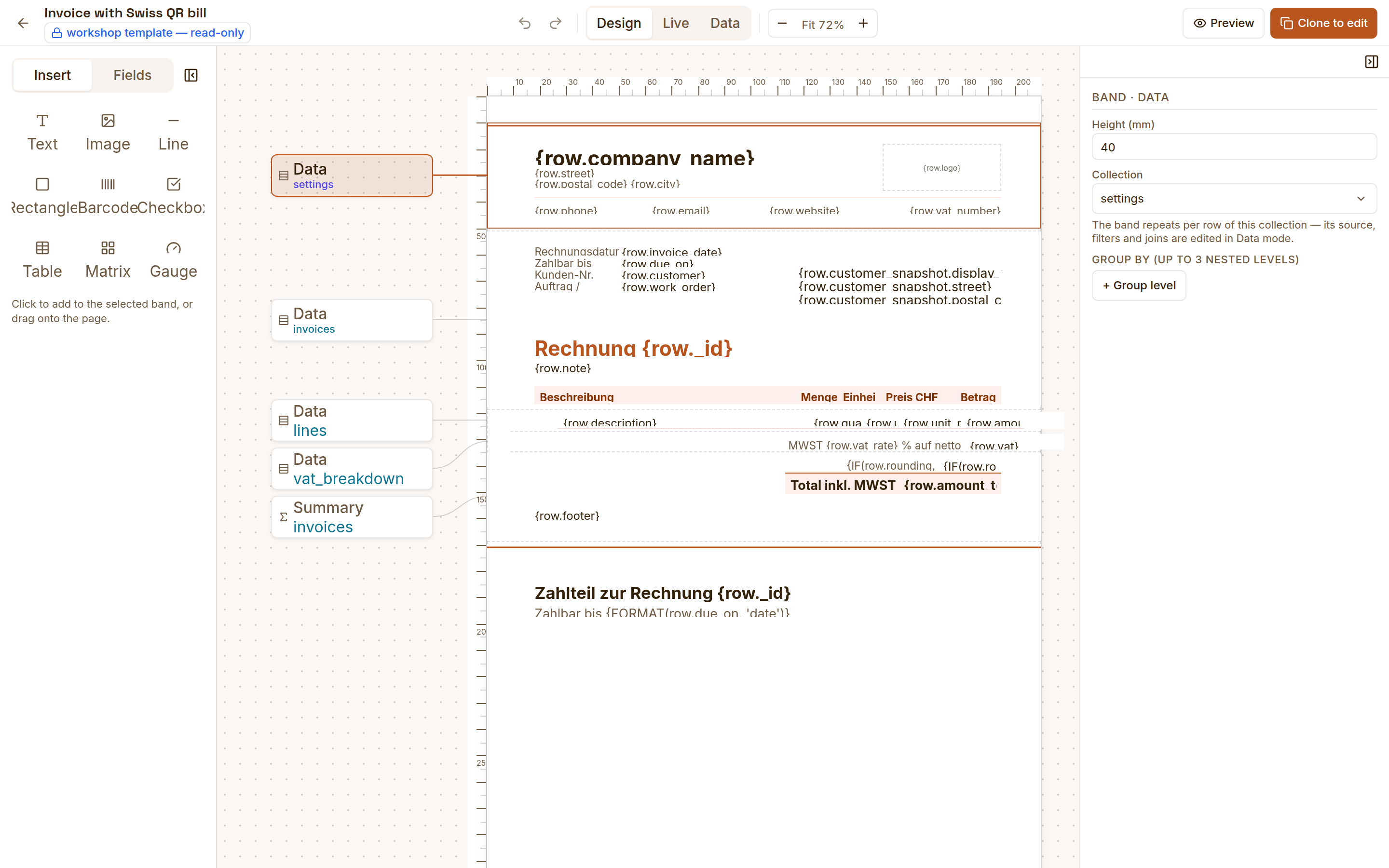 The report designer with an invoice template