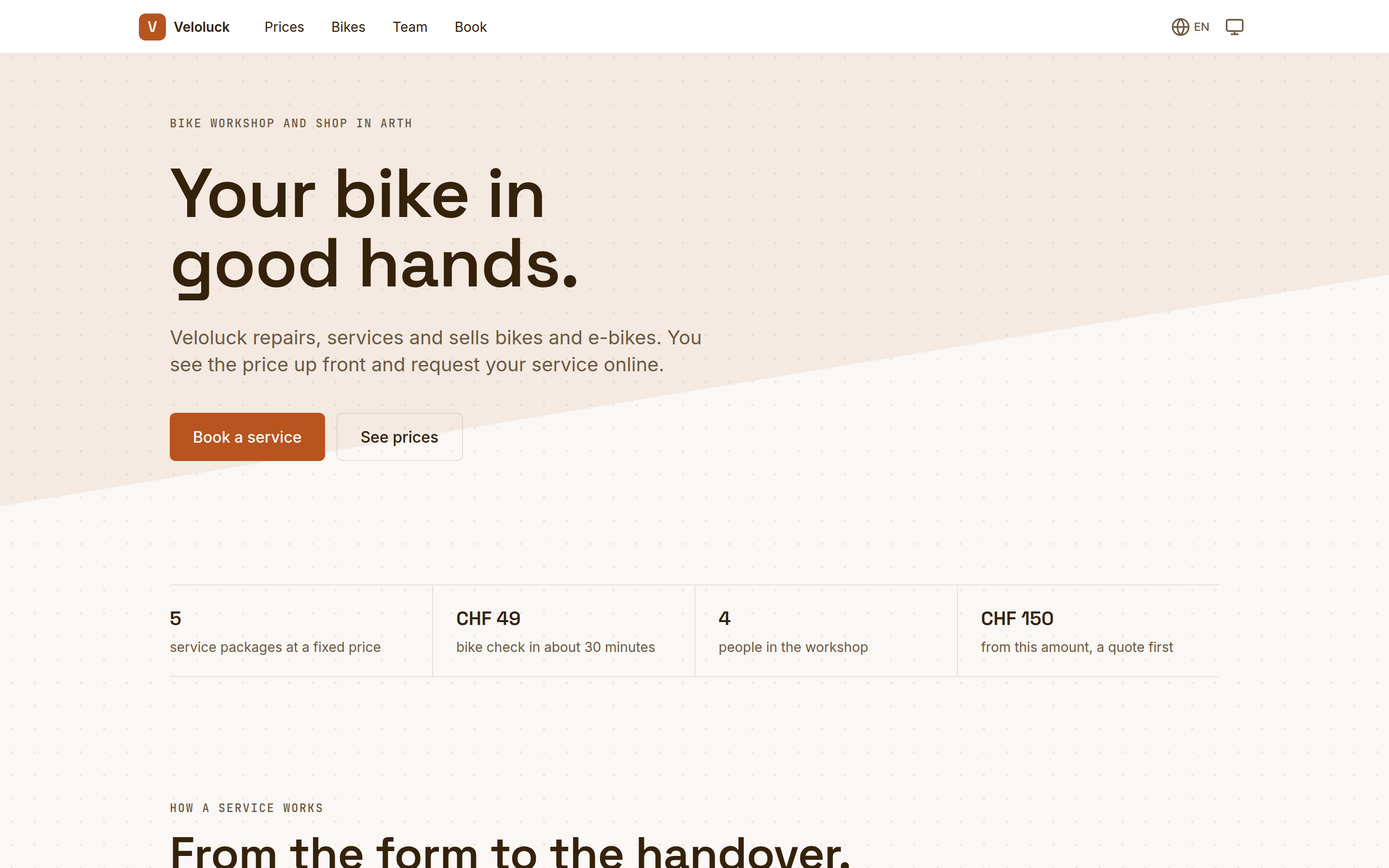 The home page of a bike workshop's website