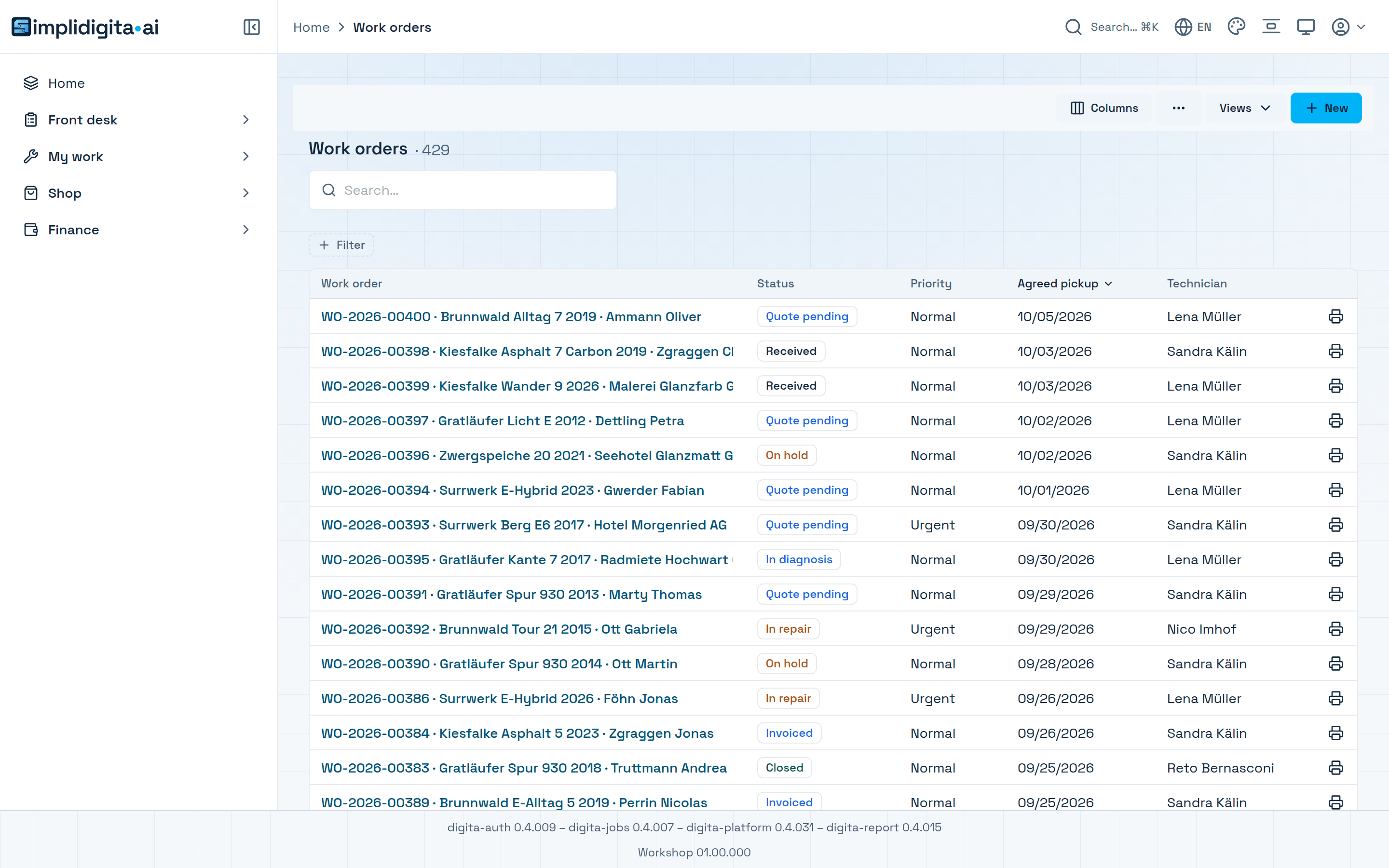 The work-order list of a workshop app