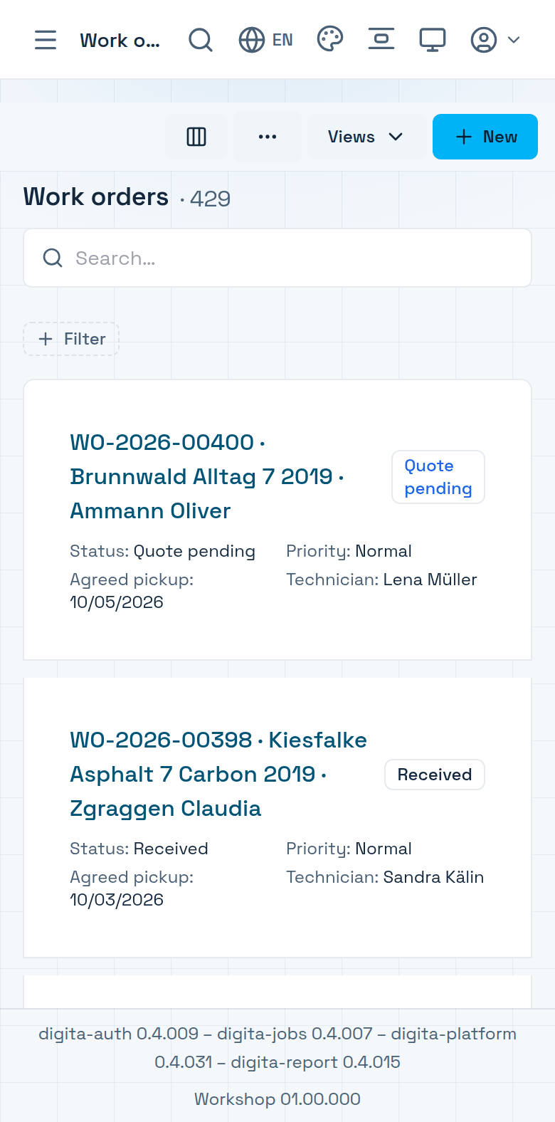 The work-order list on a phone